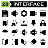 User interface icon set include save, storage, data, file, download, sound, volume, audio, speaker, setting, gear, configuration, optimization, video, record, camera, user interface, film, archive,box