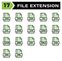 el conjunto de iconos de extensión de archivo incluye oeb, orb, edn, tr3, etd, eal, pobi, tcr, azw1, htxt, koob, qmk, pef, pmlz, fkb, vbk, pml vector