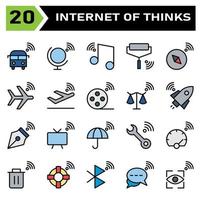 Internet of things icon set include bus, internet of things, globe, world, music, tone, roller, paint, compass, navigation, plane, airplane, takeoff, film roll, movie, scales, balance, rocket vector