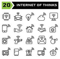 El conjunto de iconos de Internet de las cosas incluye chip, Internet de las cosas, procesador, conjunto de chips, automóvil, automóvil inteligente, lámpara, nube, informática, computadora, escritorio, teléfono, móvil, mano, conexión, hogar, casa, contrato vector