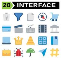 User interface icon set include bin, trash, basket, delete, remove, funnel, sort, filter, user interface, file, duplicate, paste, paper, copy, compass, direction, navigate, navigation, trolley, buy vector