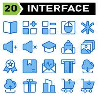 User interface icon set include book, guide, manual, read, instruction, menu, add, new, apps, category, remove, delete, mouse, computer, cursor, user interface, asterisk, multiple, star, favorite vector