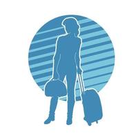 Silhouette of a woman pulling wheeled luggage travel bag. Silhouette of a slim female in classy suite holding hand bag and travel suitcase. vector