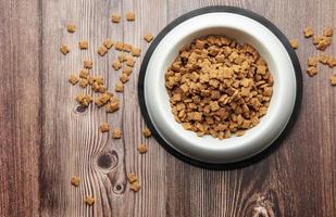 A bowl of dog food on a wooden floor. photo