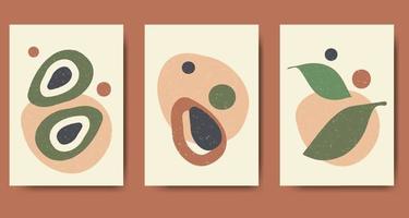 Set of three abstract minimalist aesthetic illustrations with avocado vector