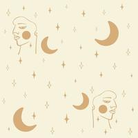 Seamless pattern with man face, moon and stars. Contemporary composition. Boho art print. Trendy texture for print, textile, packaging. vector