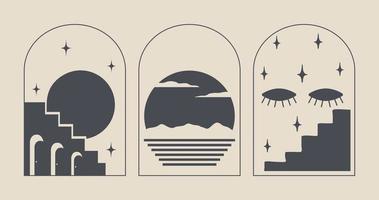 Set of minimal boho linear symbols. Celestial concept. Frame with arch, sun, stars and moon elements. vector