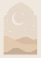 Modern style Ramadan Mubarak greeting card with retro boho design, moon and desert vector