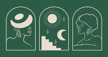 Esoteric woman emblem set with moon and sun. Magic simple logo icons vector