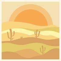 Aesthetic desert landscape with cactuses square illustration. Earth tones, beige colors. Boho wall decor. Mid century modern minimalist art print. Organic shape vector