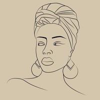 Ethnic african woman portrait line drawing beige poster. Minimalistic modern women face continuous line art. Vector square social media