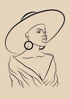 African woman in hat linear drawing illustration. Minimalistic modern women face line art. Vector a4 print