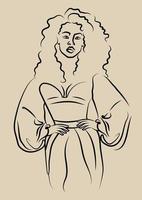 African woman in dress line drawing beige poster. Minimalistic curly woman face continuous line art for prints, postcards. Vector illustration