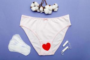 women's briefs with cotton, tampons and panty liners . hygiene and women's health care concept photo
