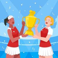 Two Female Tennis Athlete Holding Their Winning Trophy for National Girls and Women in Sport Celebration vector