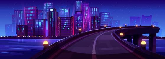 Bridge above river and city skyline at night vector