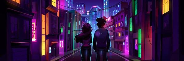 Silhouettes couple standing in night city street vector