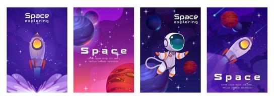 carteles espaciales con astronautas, cohetes y planetas vector