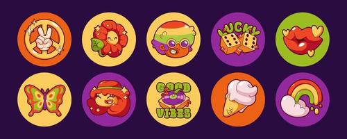 Retro groovy icons with hippie characters vector