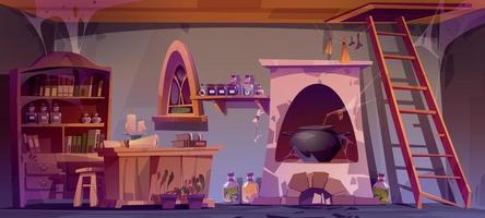 Abandoned potions shop interior, dusty furniture vector