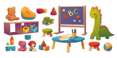 sala de jardín de infantes con mesa, juguetes, pizarra