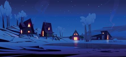paisaje nocturno de montaña de invierno con casas de chalet vector