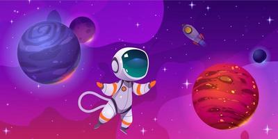 Cartoon astronaut exploring solar system in space