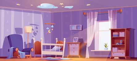 Nursery interior design with crib, toys, armchair vector