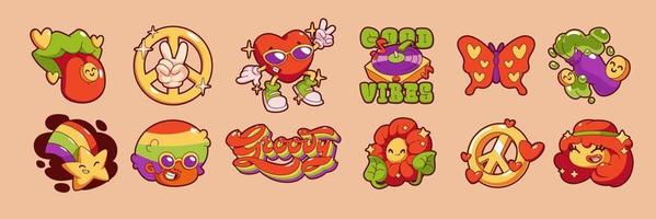 Groovy stickers, hippie icons with flower, rainbow vector