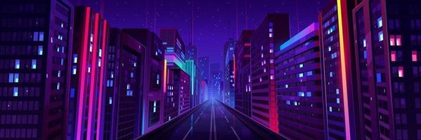 calle nocturna de la ciudad, carretera y casas con luz de neón vector