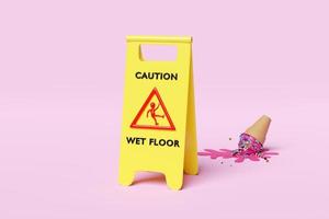 caution slippery or wet floor caution plastic sign with ice cream cones fallen on the floor isolated on blue background. warning symbol, 3d render illustration, clipping path photo