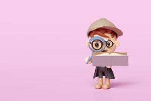 3d cartoon boy detective character hand hold open book with magnifying glass, brown hat isolated on pink background. studying, researching concept, 3d render illustration, clipping path photo