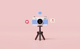 3D social media with camera tripod icons isolated on pink background. online video live streaming, communication applications, notification message concept, 3d render illustration photo