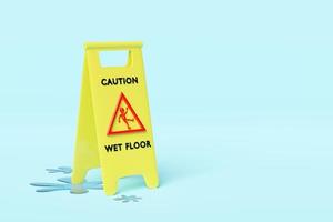 caution slippery or wet floor caution plastic sign with wet area isolated on blue background. warning symbol, 3d render illustration, clipping path photo