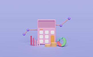 Icono de calculadora 3d con pila de monedas, gráfico de gráficos aislado sobre fondo púrpura. Analytics calculando el concepto de riesgo financiero, 3D Render ilustración foto