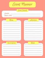 Event planner template. Bright design of a notepad page. Vector illustration