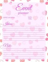 Event Planner Template. Notepad page design with hearts pattern for Valentine's Day. Vector illustration