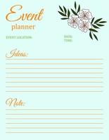 Event Planner Template. Notepad page design with floral motif. Vector illustration