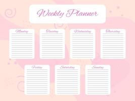 Weekly planner doodle elements on pink background. Schedule design template. To do list for every day of the week. Self organization. Vector illustration