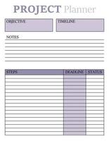 Project Planner Template. A concise design for a business notepad page. Business organizer. Project schedule. Letter format. Vector illustration