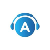 Letter A Music Logo Design. Dj Music And Podcast Logo Design Headphone Concept vector