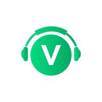 Letter V Music Logo Design. Dj Music And Podcast Logo Design Headphone Concept vector