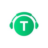 diseño del logotipo de la música de la letra t. concepto de auriculares de diseño de logotipo de música y podcast de dj vector