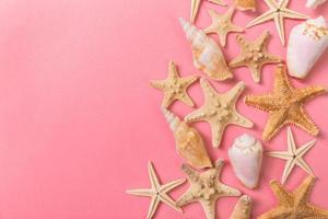 sea shells and starfish on a pink background and sand. Vacation time concept photo