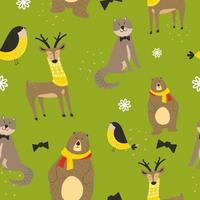 Animal pattern, deer and wolf, bullfinch bird vector