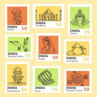 Colorful postage stamp set with indian element vector