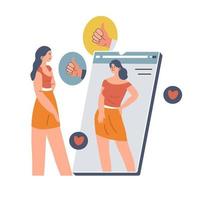 Woman looking at mirror reflections, thumbs up vector