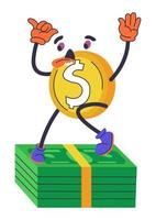 Funny coin character dancing on dollar banknotes vector