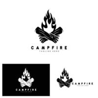 diseño de logotipo de fogata, vector de camping, fuego de madera y diseño forestal