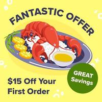 Fantastic offer, lobster with discount in eatery vector